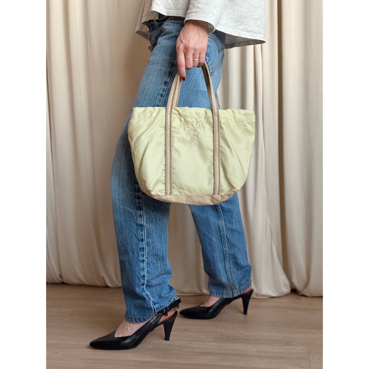 Vintage Prada Tessuto Marchio Nylon Rope-Trim Tote, Sage