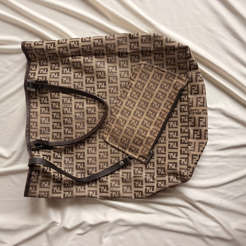 Vintage Fendi Zucchino Canvas Roll Tote w/ Baby Pouch - Tan & Brown