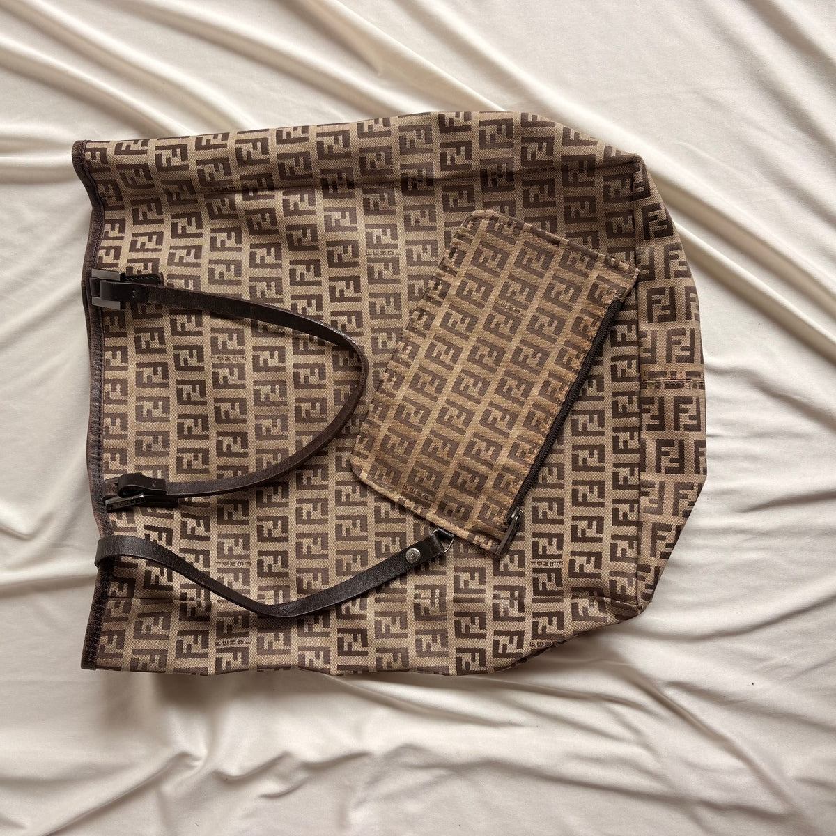 Vintage Fendi Zucchino Canvas Roll Tote w/ Baby Pouch - Tan & Brown