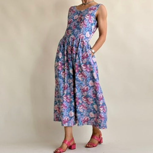Alpenblick Pink & Purple Floral A-Line Dress - Cotton Size 10 (Fits S)