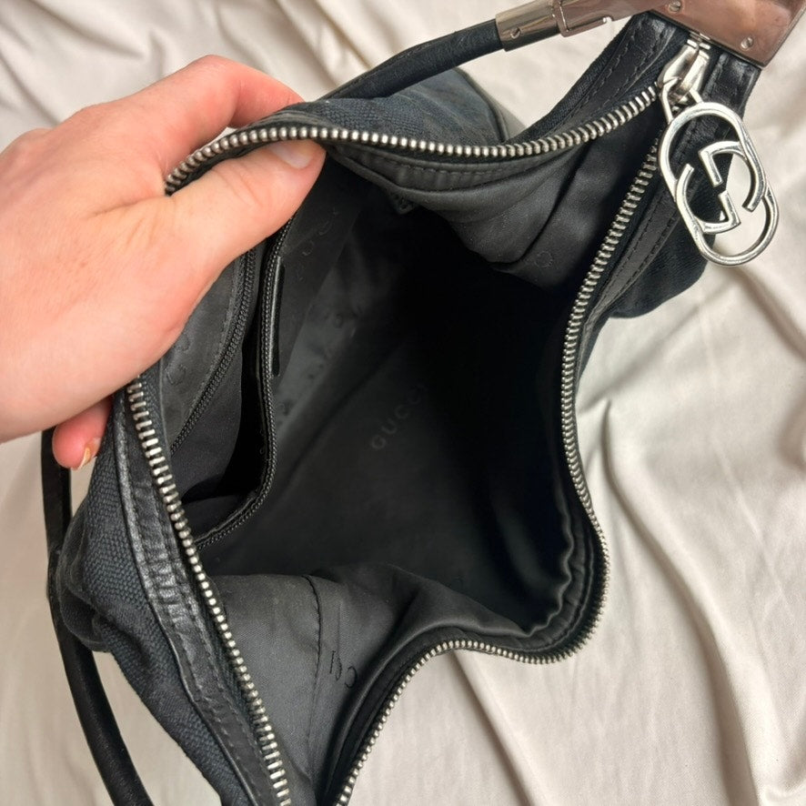 Vintage Gucci Tom Ford Era Black GG Monogram Canvas Hobo Bag Silver Hardware
