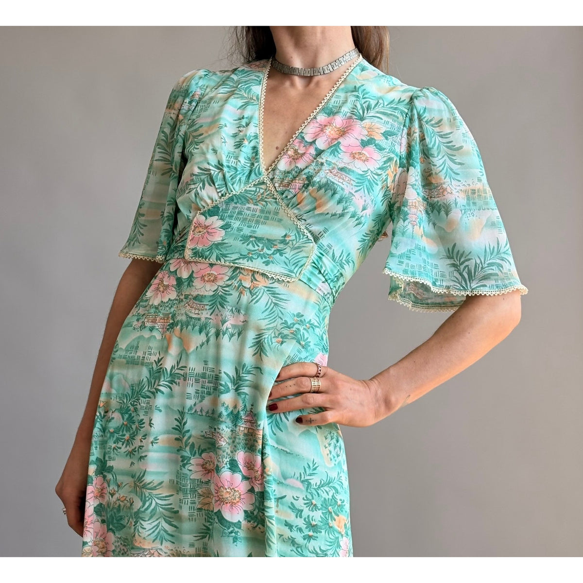 House of Nu-Mode Vintage 70s Mint Green Hawaiian Maxi Dress