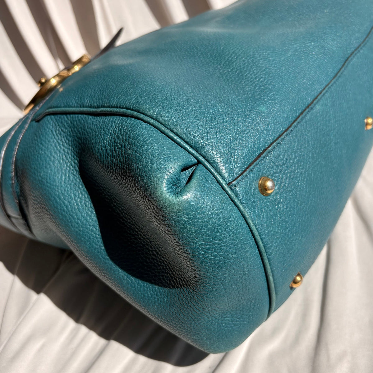 Gucci Medium Ride Top Handle Bag - Teal Pebbled Calfskin Leather, Gold Buckle