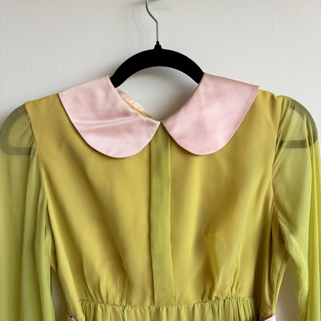 Vintage 60s/70s Chartreuse Peter Pan Collar Maxi Dress w/ Belt
