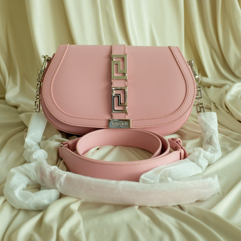 Versace Pink Medium La Greca Goddess Logo Leather Shoulder Bag