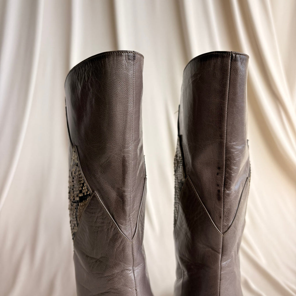 Bruno Magli Color-Block Mid-Calf Boots -  Grey & Snakeskin, EU 36