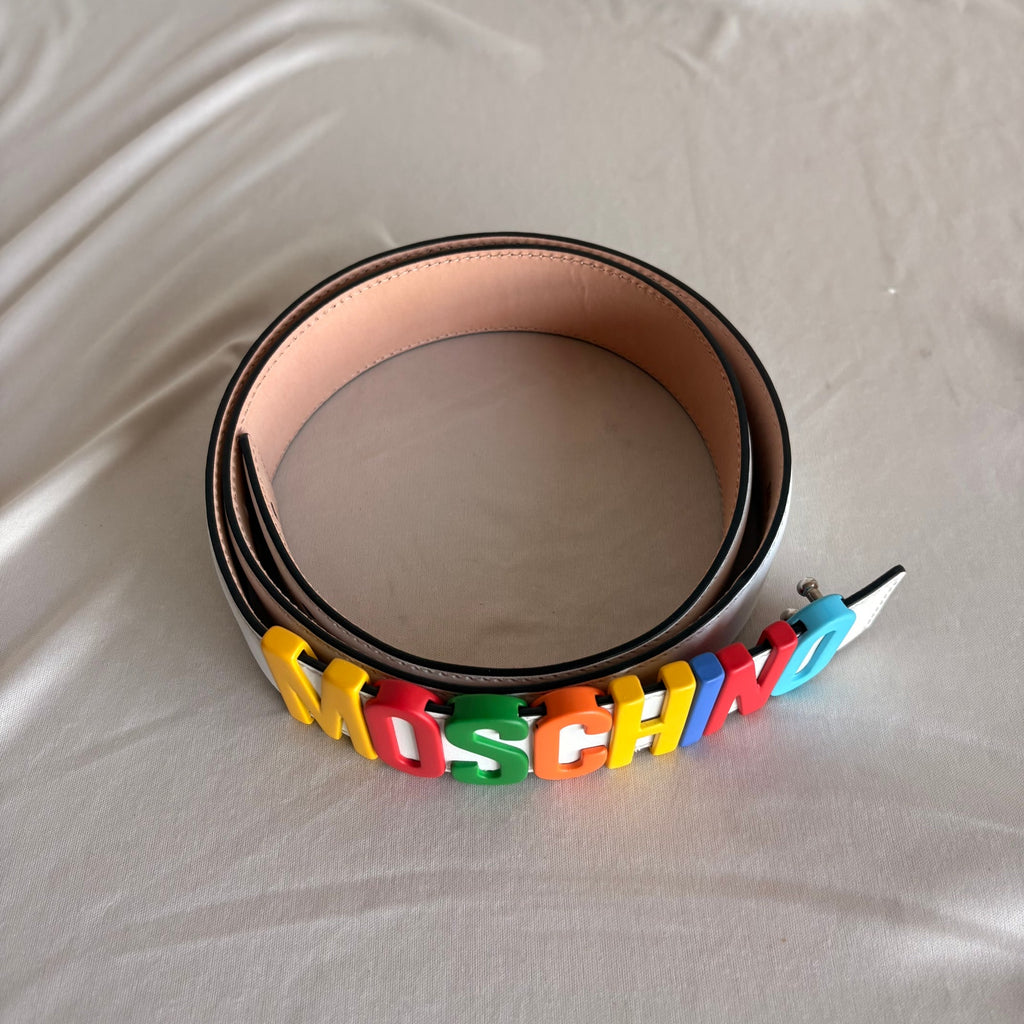 Moschino White Leather Multicolor Logo Buckle Belt Size IT50