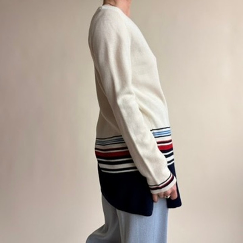 Jones & Co. Nautical Striped Cardigan - Merino Wool, Cream/Blue/Red, Y2K, Size Small