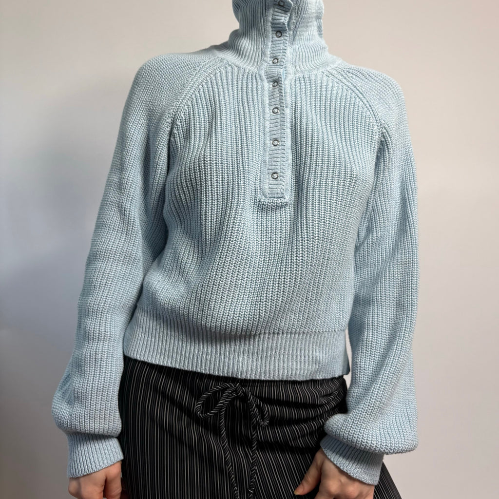 Baby Blue V-Neck Sweater with Button Collar - Medium