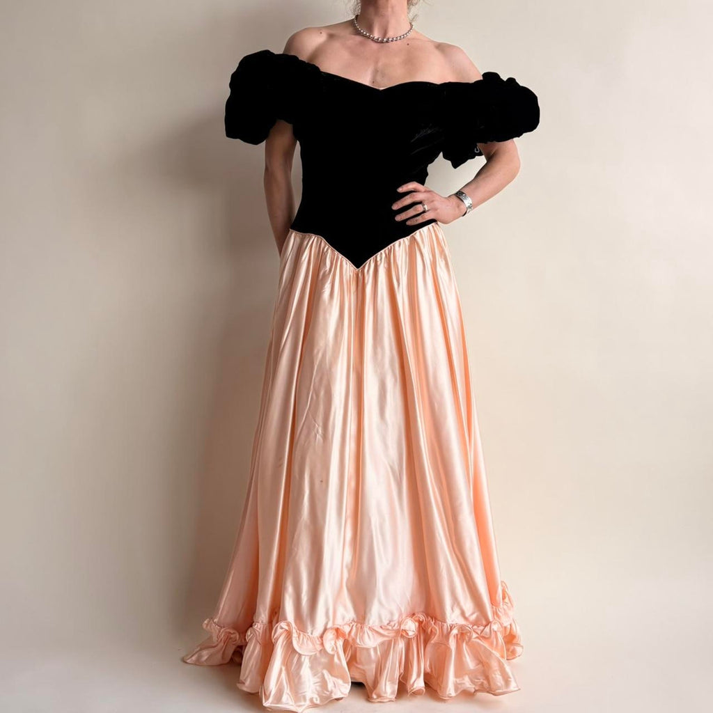 Sharon Akin Black Velvet & Pink Prom Dress - Vintage 80s, Size Small