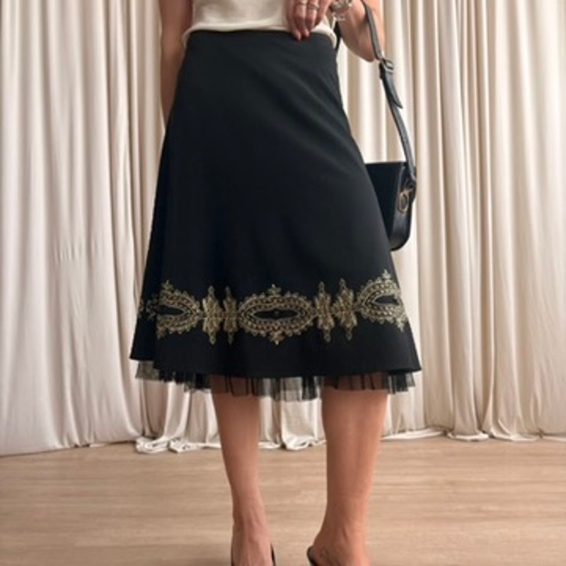 Sunny Leigh Embroidered Skirt - Black, Gold Floral, Tulle Lining - Size 6 (Fits M)