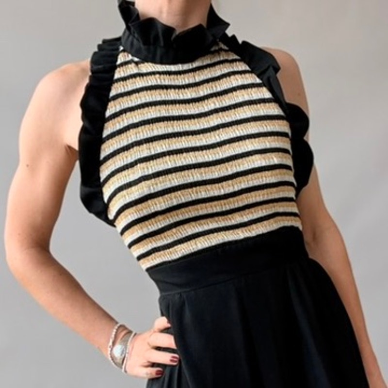 Vintage 70s Black & Gold Striped Halter Maxi Dress - Ruffle Hem