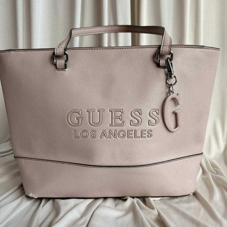 Guess Light Pink Tote - Textured Faux Leather, Embossed Logo, Y2K Vintage
