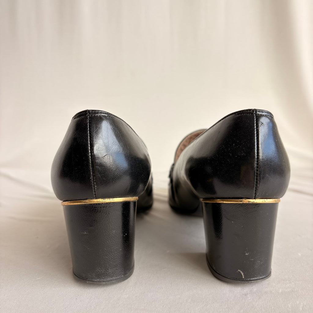 Vintage Saks Fifth Ave Black Leather Heeled Loafers - Block Heel, Square Toe
