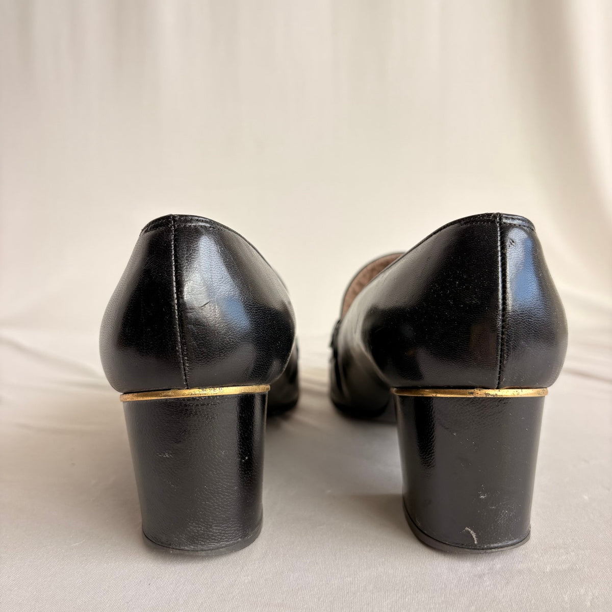 Vintage Saks Fifth Ave Black Leather Heeled Loafers - Block Heel, Square Toe