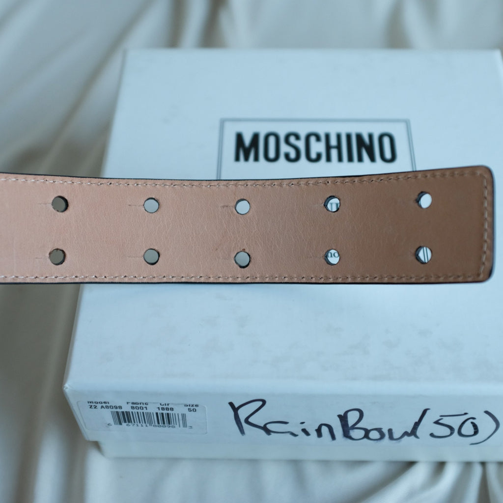 Moschino White Leather Multicolor Logo Buckle Belt Size IT50