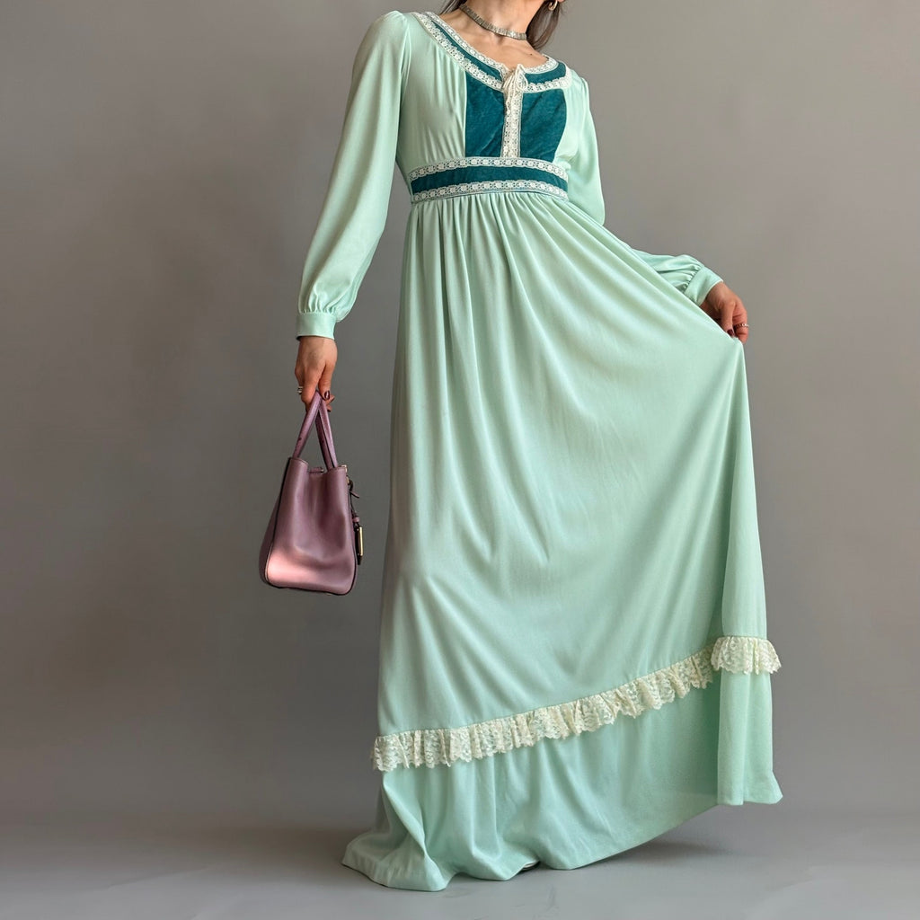 JCPenney Vintage 70s Mint Green Prairie Dress - Lace Trim