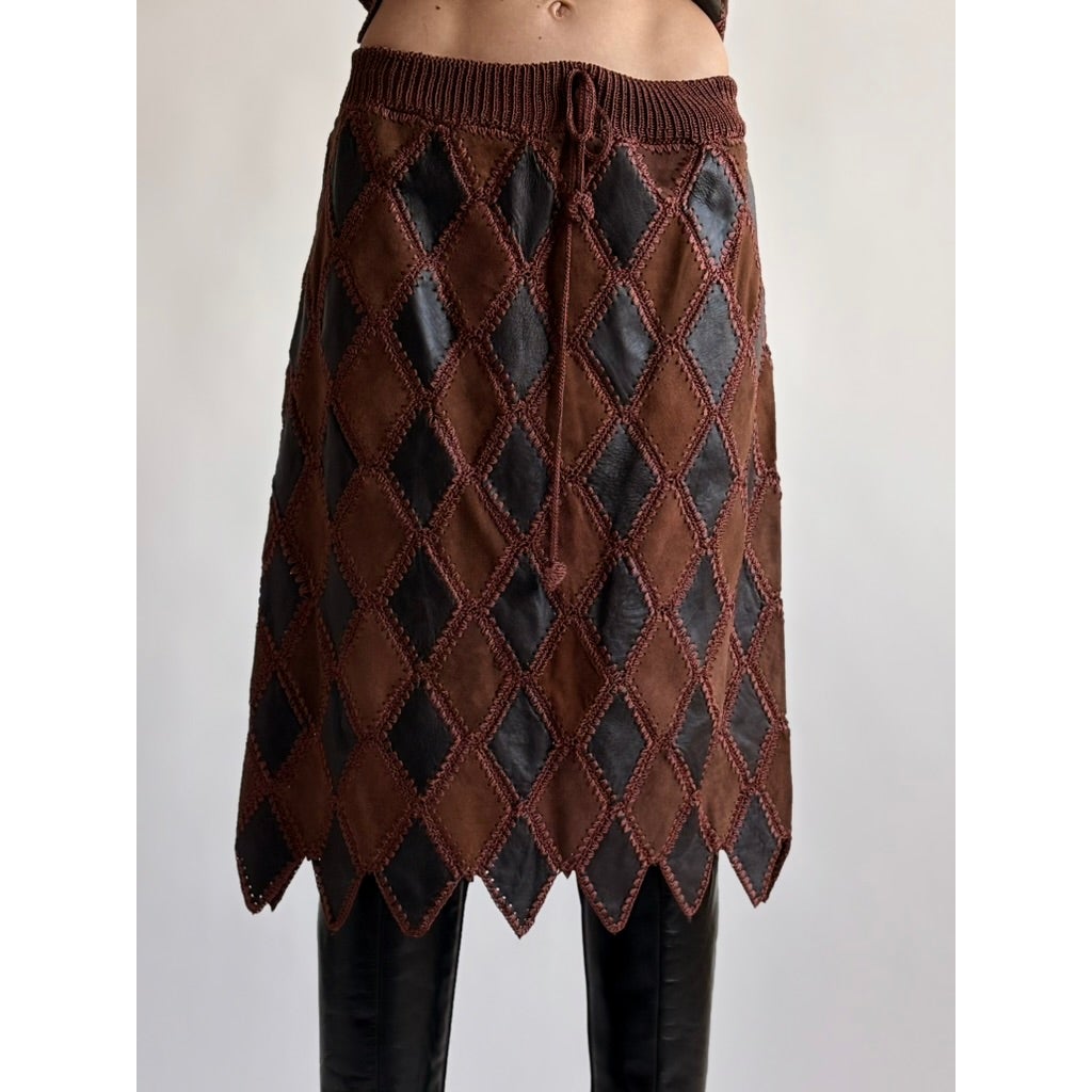 Vintage 1970s Handmade Turkish Diamond Patchwork Leather Skirt