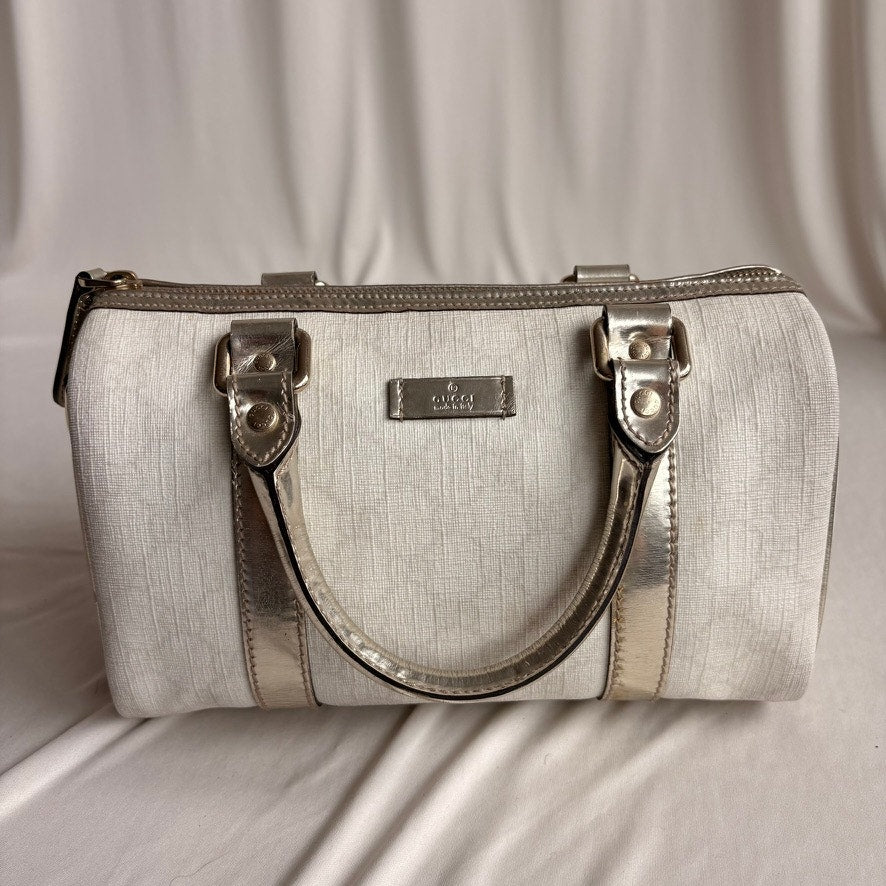 Gucci Small Joy Boston Bag - GG Supreme Canvas, White/Gold, Metallic Silver Trim