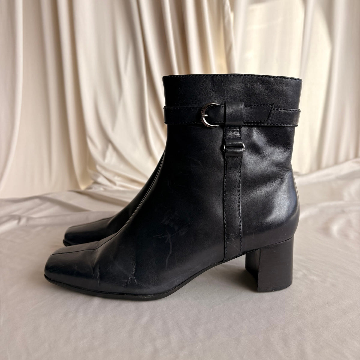 Vintage Navy Blue Leather Ankle Booties - Square Toe, Buckle Detail, 7.5
