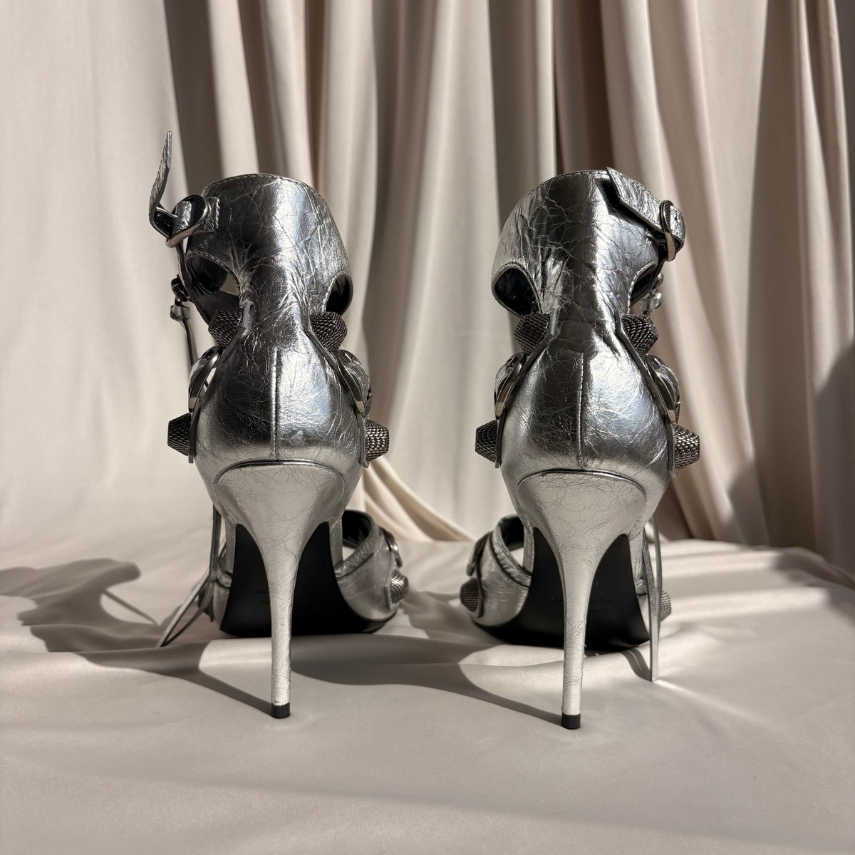 Balenciaga Silver Metallic Leather Cagole Studded Heels