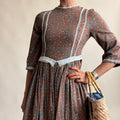 1970s Homemade Prairie Dress - Brown Calico Floral, Lace Trim, Fitted Waist, Fits XS/S