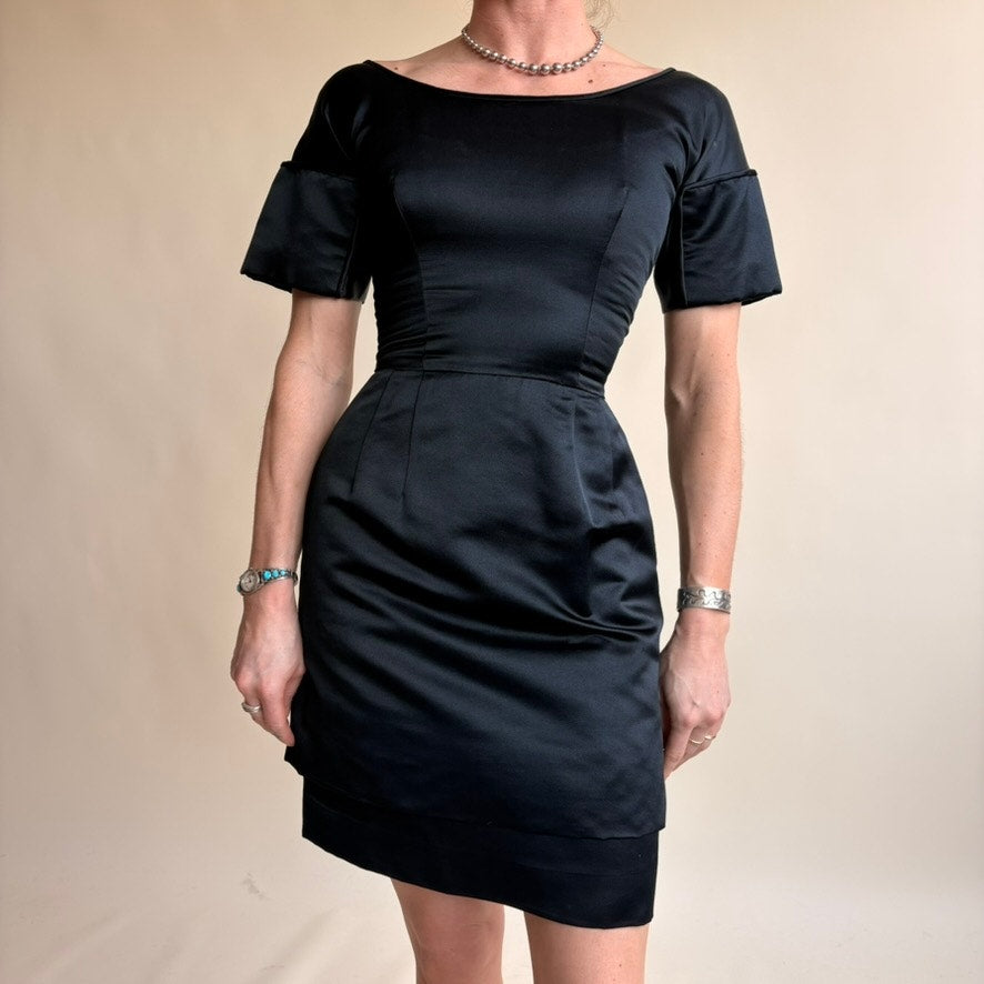 Raffaele 1950s Style Black Cocktail Dress - Fitted Waist, Boat Neck, Custom Made, Fits Modern 0