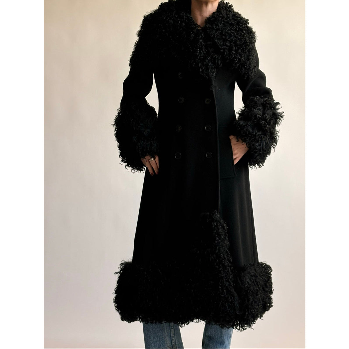 Vintage 1970s Black Wool & Mongolian Shearling Coat