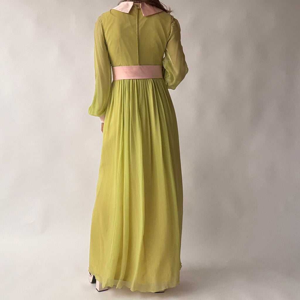 Vintage 60s/70s Chartreuse Peter Pan Collar Maxi Dress w/ Belt