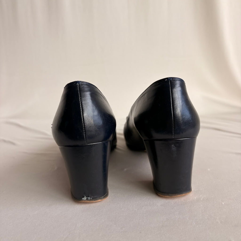 Vintage Ferragamo Navy Leather Heeled Loafers - Gold/Silver Hardware, 7.5