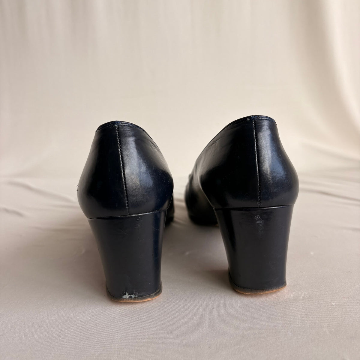 Vintage Ferragamo Navy Leather Heeled Loafers - Gold/Silver Hardware, 7.5