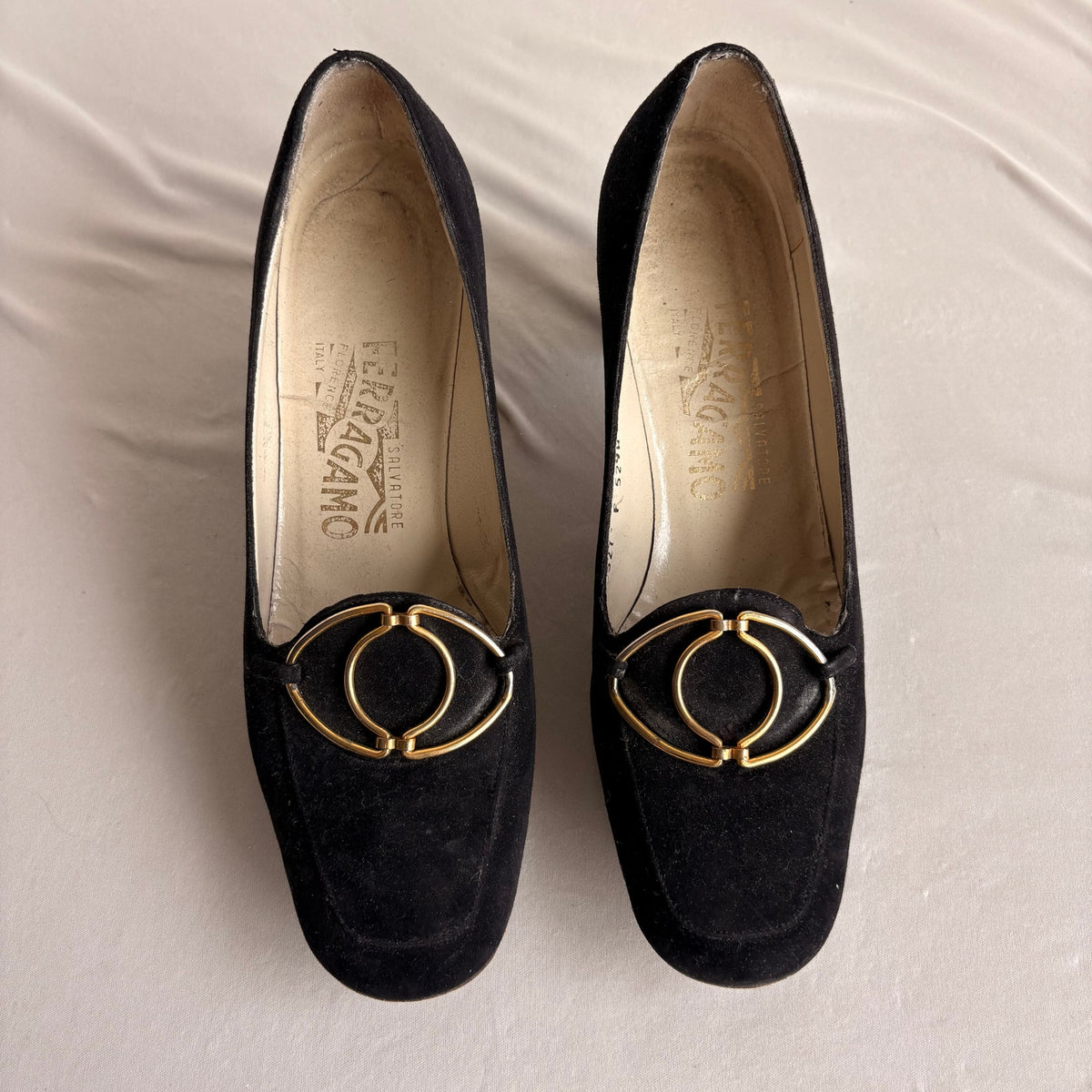 Vintage Ferragamo Black Suede Heeled Loafers - Gold Hardware, 7.5