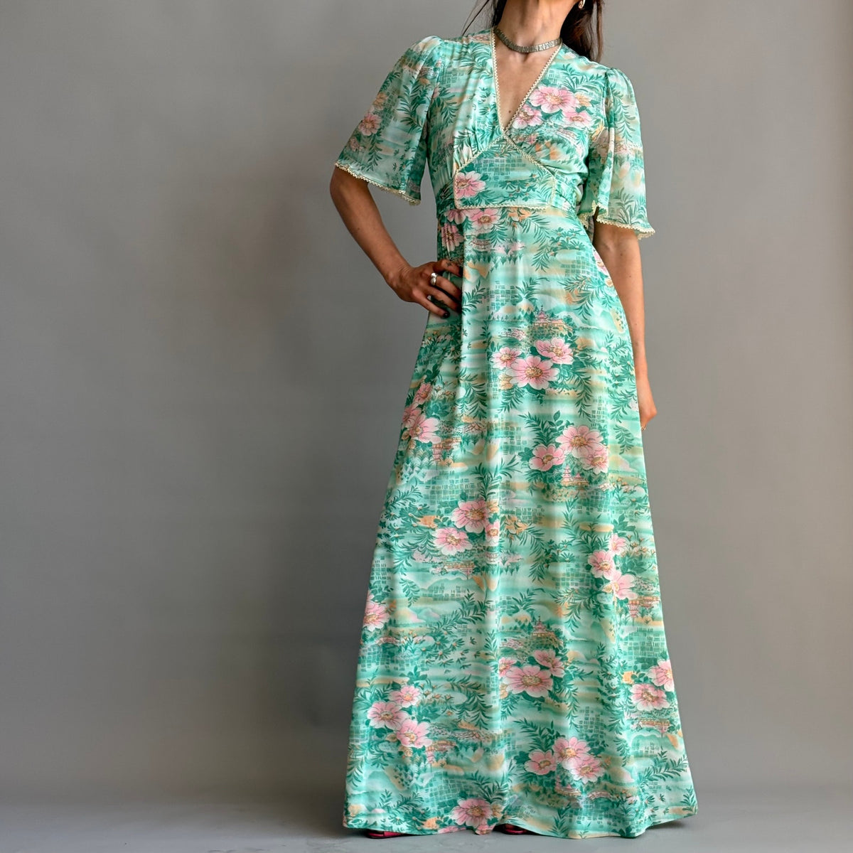 House of Nu-Mode Vintage 70s Mint Green Hawaiian Maxi Dress