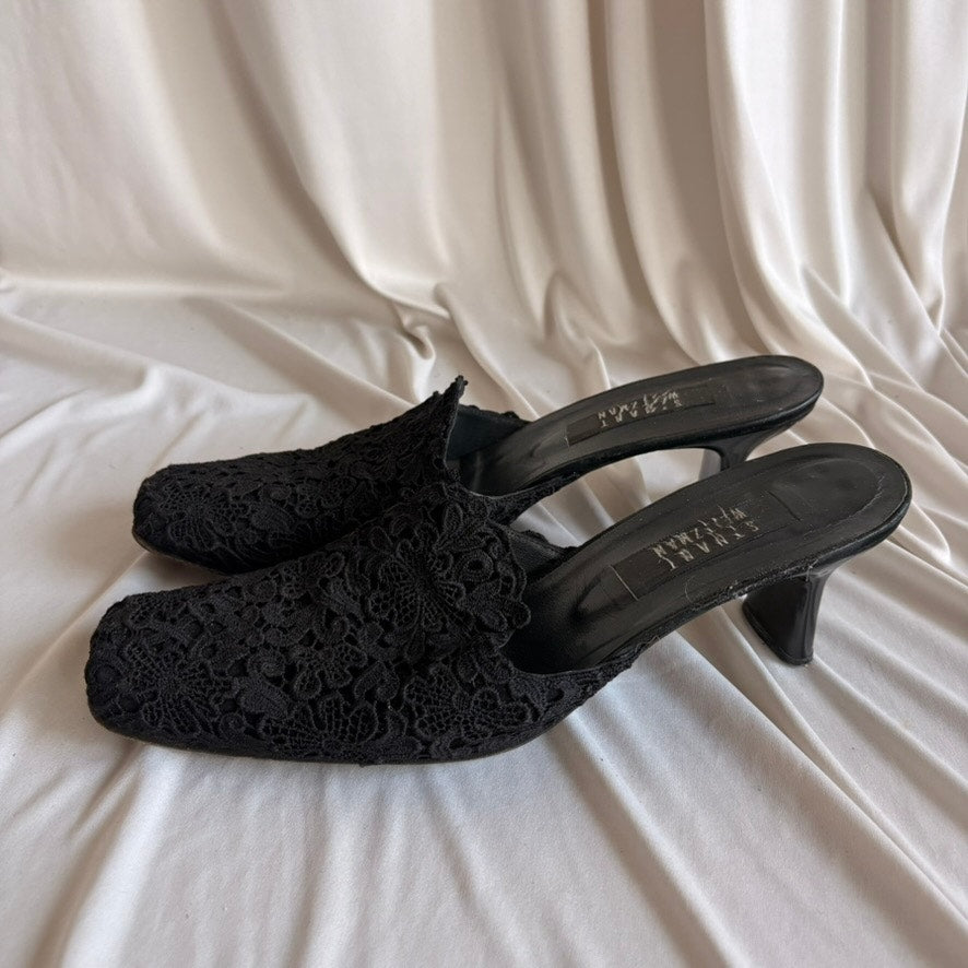 Stuart Weitzman Black Lace Mules - Square Toe, Kitten/Block Heel, Size 11