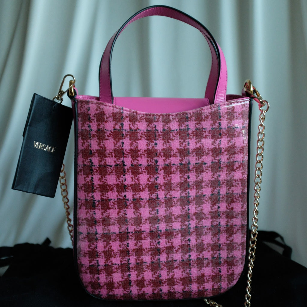 Versace La Medusa Calfskin Vinyl Mini Houndstooth Tote Bag Pink Multicolor Bag
