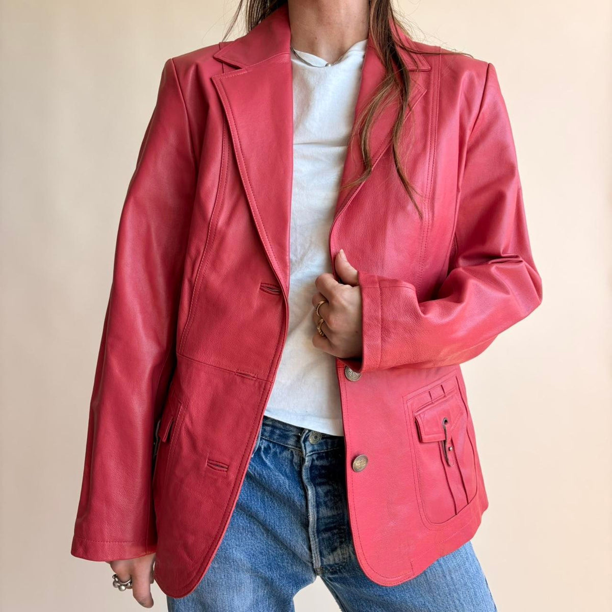 Pamela McCoy Raspberry Pink Leather Moto Jacket - Size Small