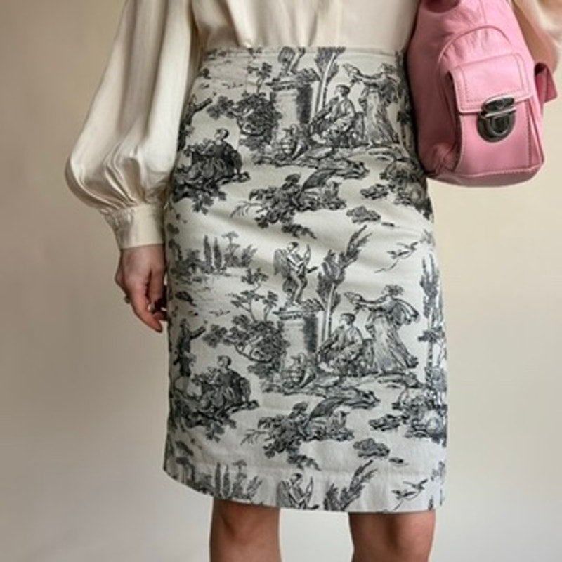 NYC Design Company Toile Pencil Skirt - Black & White Pastoral Scene, Stretchy Cotton, Size 4