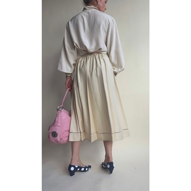 Anne Klein Cream A-Line Midi Skirt - Mesh Trim, Pockets, Linen Blend, Size 4