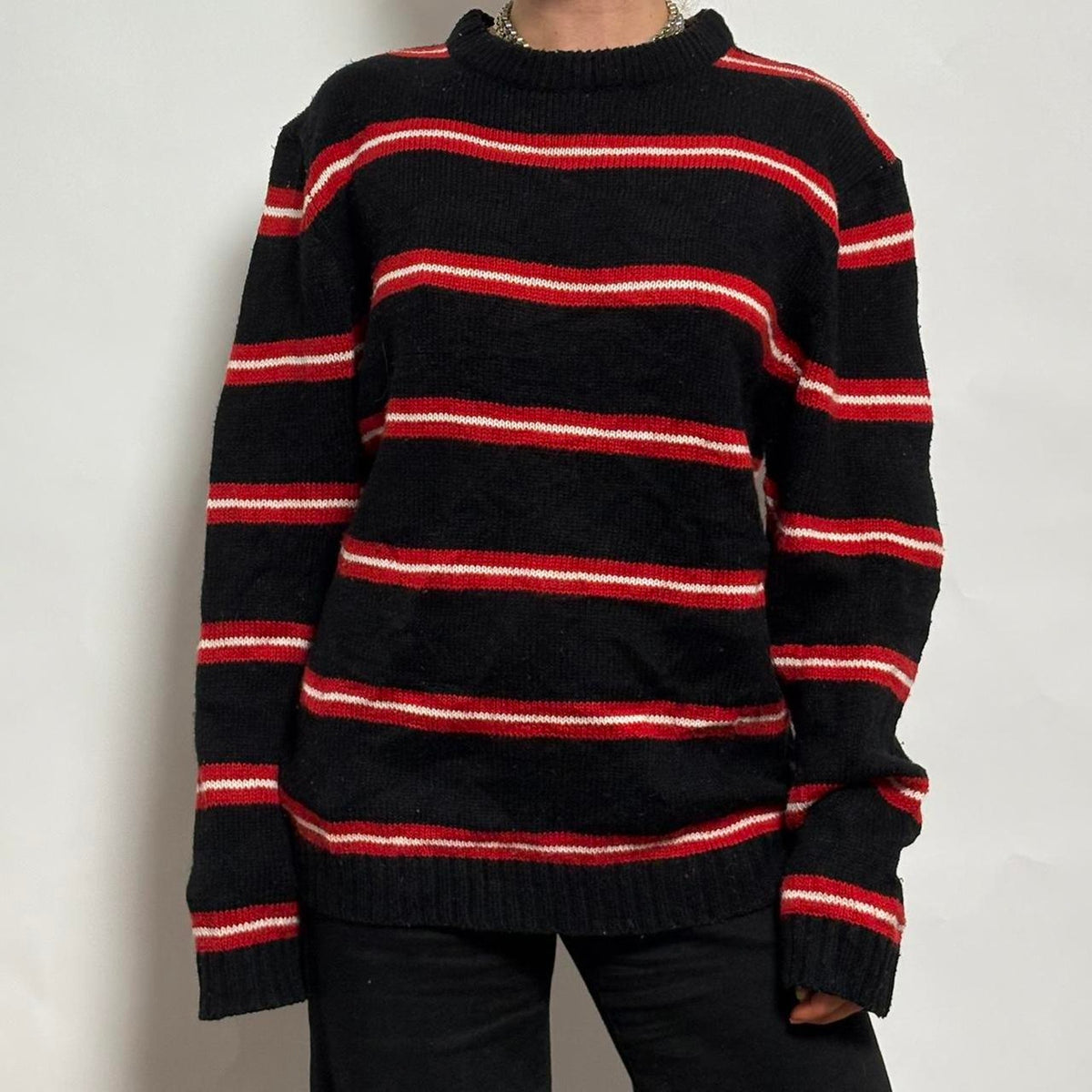 Vintage INC Black, Red and White Striped Rugby Sweater- XL