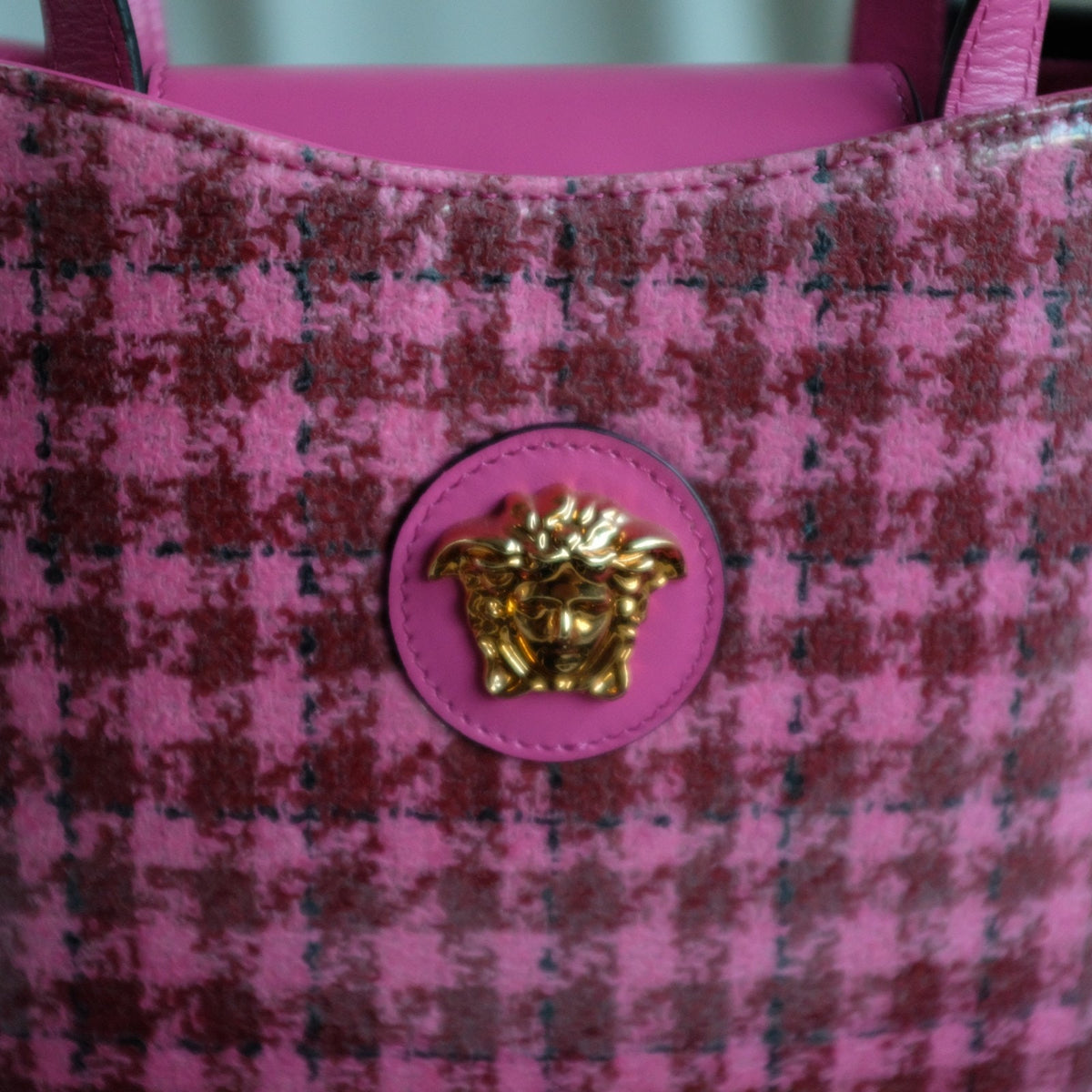 Versace La Medusa Calfskin Vinyl Mini Houndstooth Tote Bag Pink Multicolor Bag