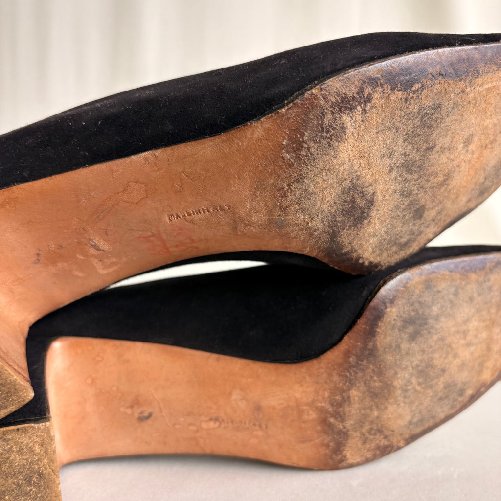 Vintage Ferragamo Black Suede Heeled Loafers - Gold Hardware, 7.5