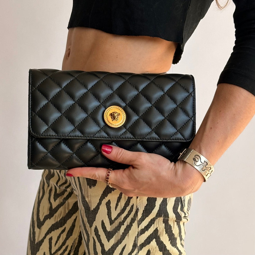 Versace Quilted Lambskin Leather Clutch - Black, Gold Hardware, NWOT