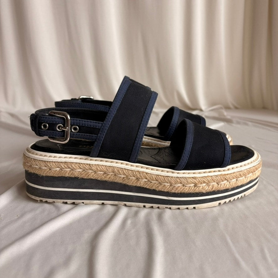 Prada Black & Baltic Blue Canvas Espadrille Platform Sandals - EU 37/US 7