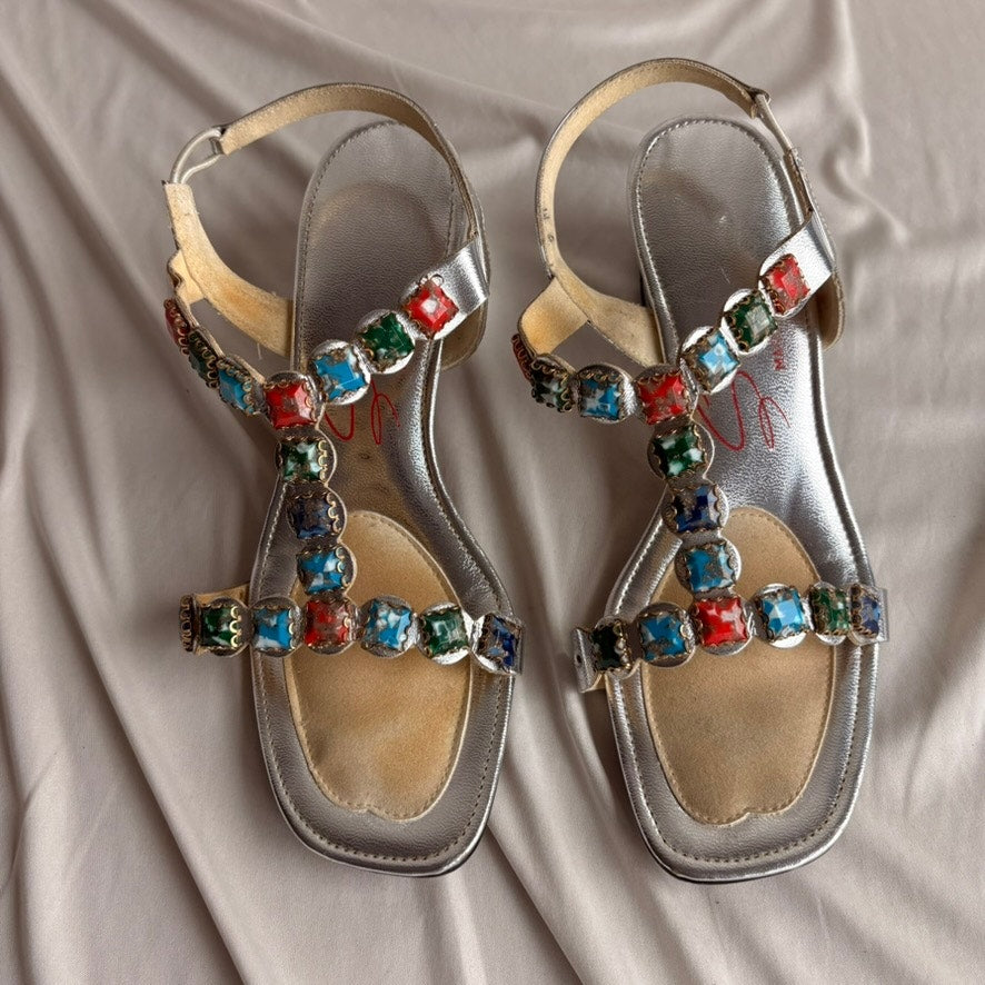 Vintage 70s California Magdesians Silver T-Strap Sandals - Jeweled, Size 7 (Fits 7.5)
