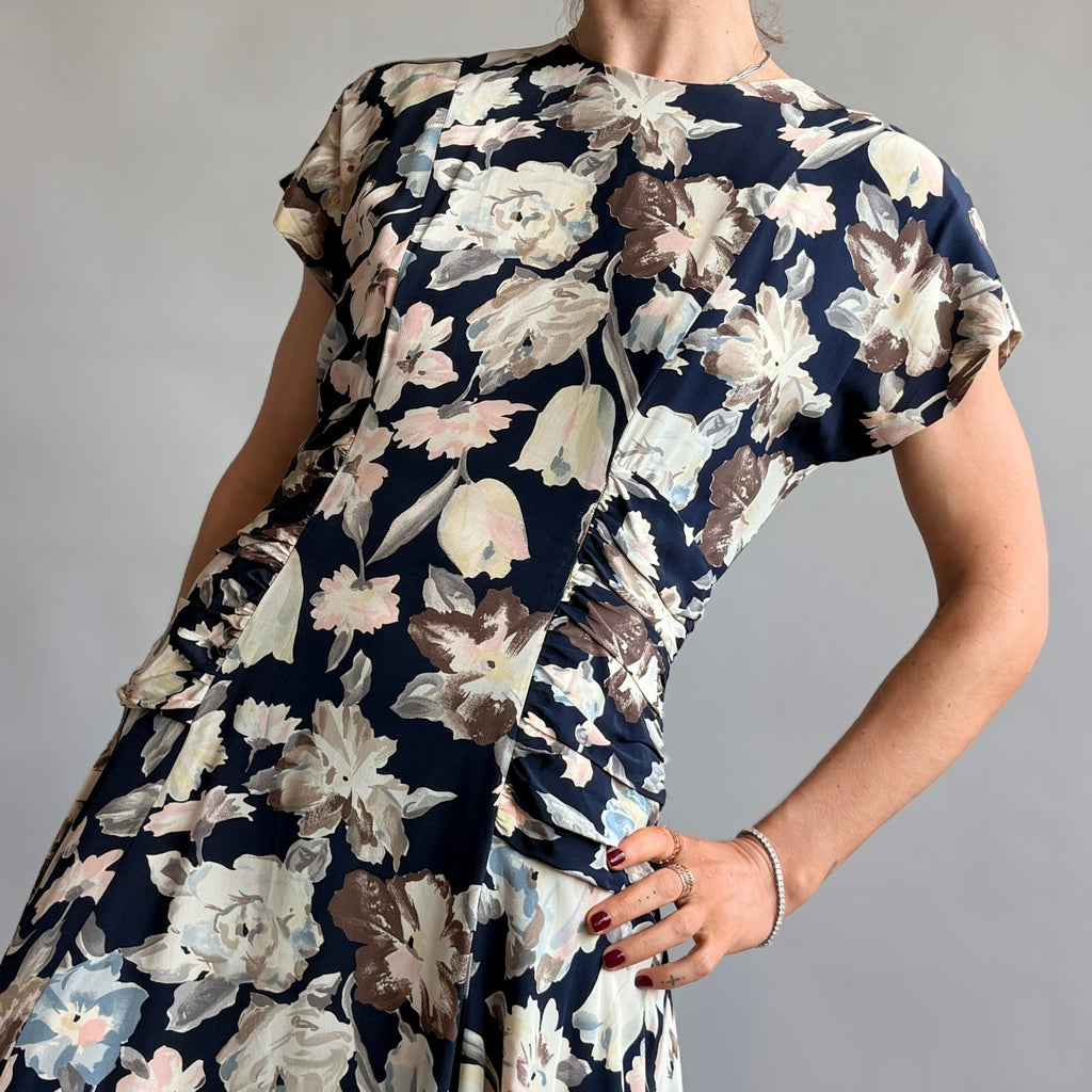 Debora Kuchme Navy Floral Ruched Maxi Dress - Size 4