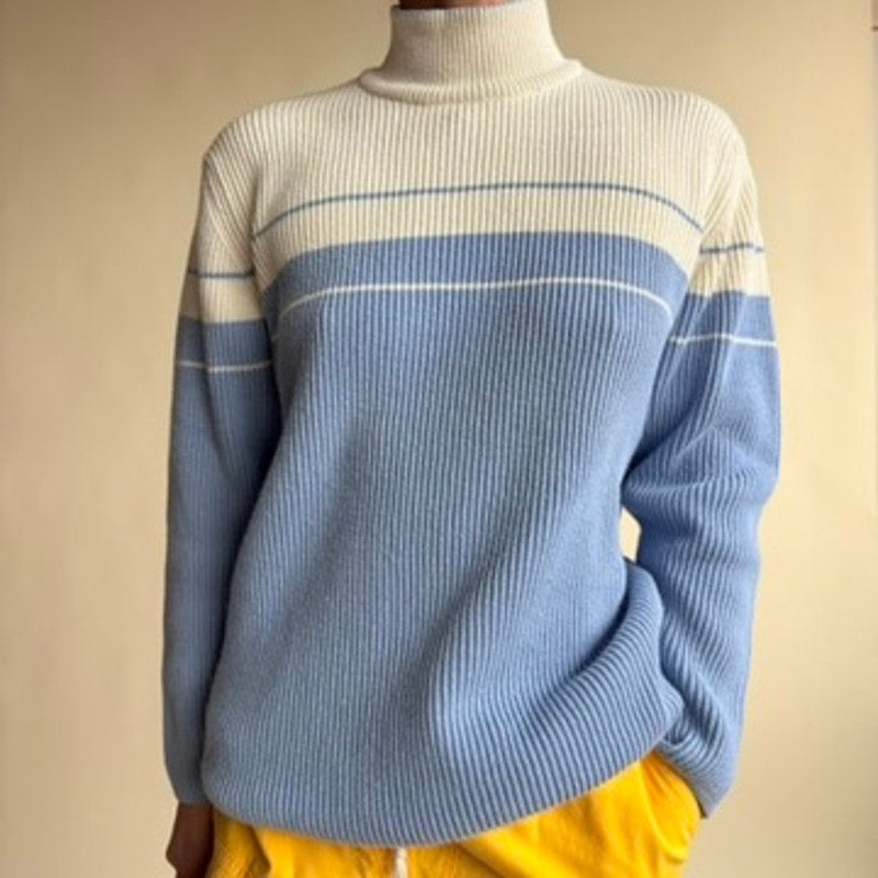 Jeanne Pierre Striped Mock Neck Sweater - Blue & White, 100% Cotton,  Size Small