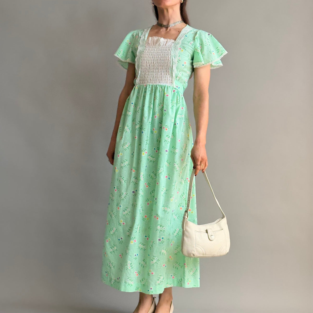 Vintage 70s Sears Growing Girl  Green Floral Prairie Dress - Small