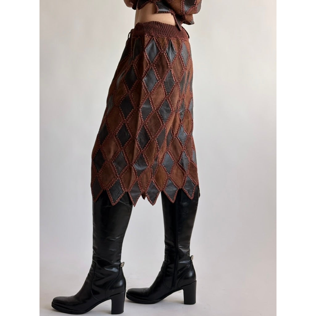 Vintage 1970s Handmade Turkish Diamond Patchwork Leather Skirt