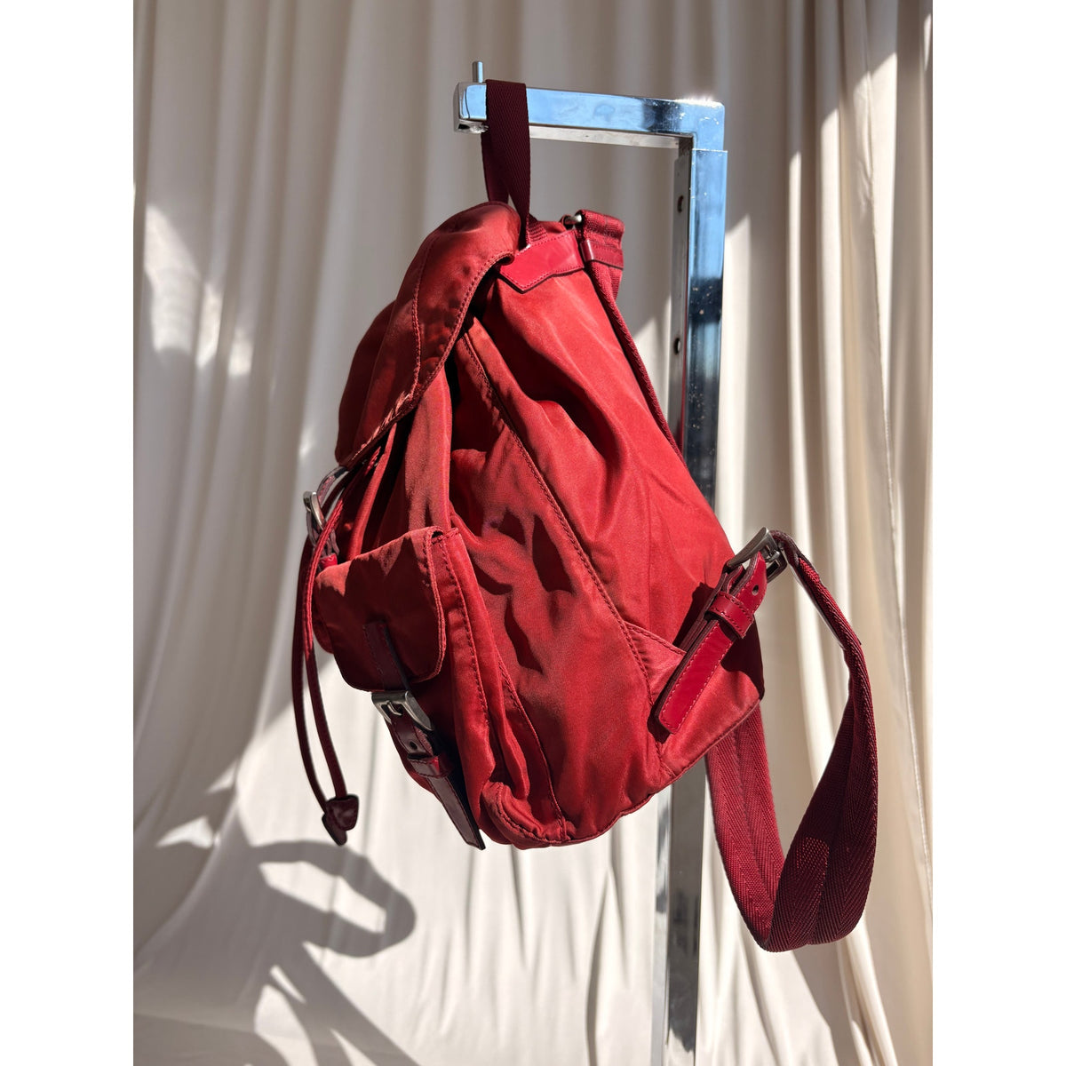 Vintage Prada Red Tessuto Vela Nylon Drawstring Backpack