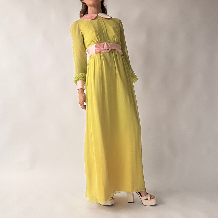 Vintage 60s/70s Chartreuse Peter Pan Collar Maxi Dress w/ Belt